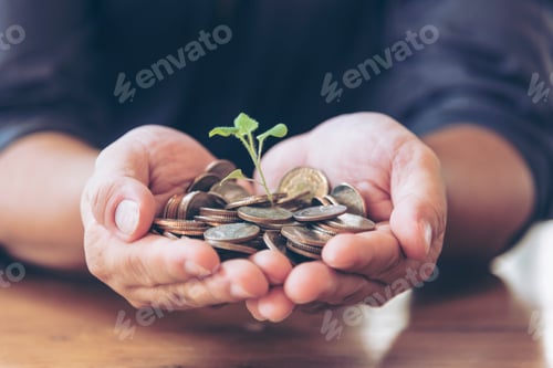 Preview: Financial Planner hand holding coin stack growing economy. Hands Protect Debt loan home financial pl