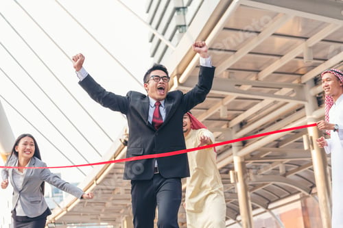 Preview: Competitive person race to be first place winner. Multiethnic diversity people contest. Business com