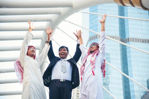 Preview: Arab muslim man team talking together UAE union teamwork people. United Arab Emirates diversity grou