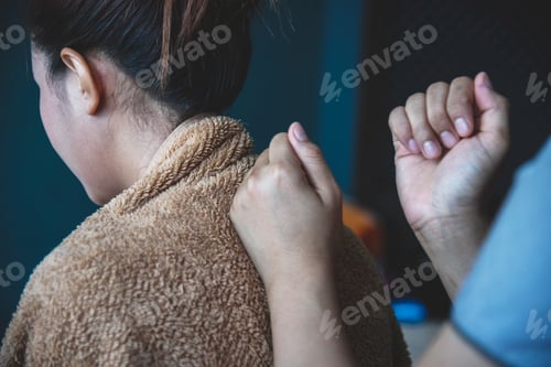 Preview: Massage Thai Spa neck shoulder arm hands massaging. Close up woman neck office syndrome therapy rela