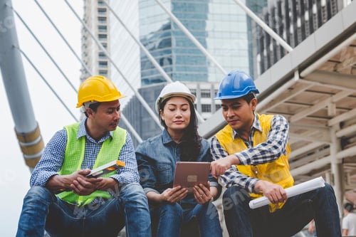 Preview: Civil Construction engineer teams shaking hands together wear work helmets worker on construction si