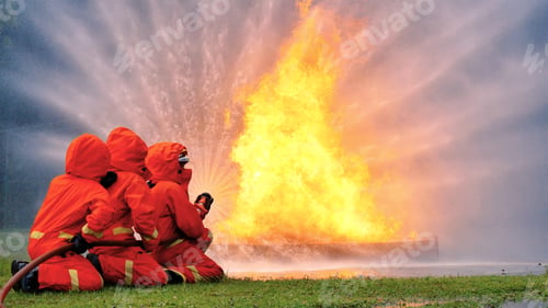 Preview: Firefighter fighting with flame using fire hose chemical water foam spray engine. Fireman wear hard
