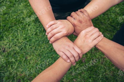 Preview: Close up hands Diverse multiethnic Partners team together. Teamwork group of multi racial people mee