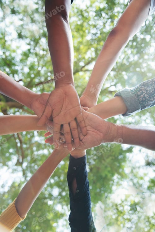 Preview: Teamwork group of multi racial confident happiness people joining trust teams