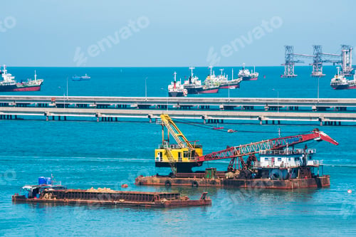 Preview: Engineering shipping crane depot at logistic export terminal control. Warehouse freight background c