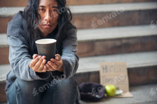 Preview: Homeless people poverty beggar man asking for money job and hoping help in helpless dirty city sitti