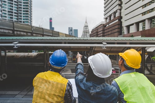 Preview: Civil Construction engineer teams shaking hands together wear work helmets worker on construction si