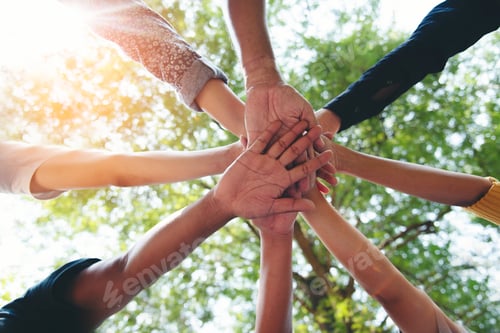 Preview: Diverse multiethnic Partners hands together teamwork group of multiracial people meeting join hands