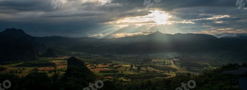 Preview: Banner Beautiful Mountain landscape foggy mountain green landscape morning sunrise. Amazing Landscap