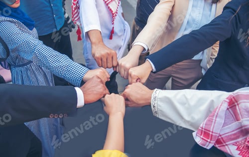 Preview: Diverse multiethnic Partners hands together teamwork group of multi racial people meeting join hands