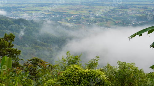Preview: Beautiful Mountain landscape foggy windy mountain range green landscape asian farm. Amazing Landscap