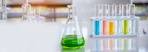 Preview: Banner Science chemistry glass tubes object on lab background. Wide Liquid tube biology laboratory c
