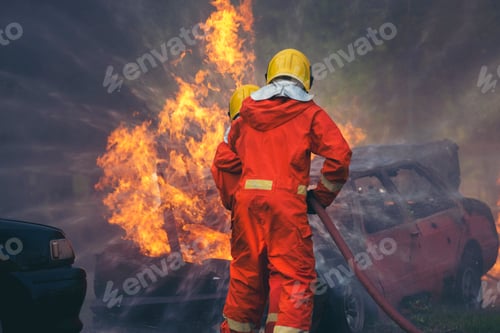 Preview: Firefighter Rescue training in fire fighting extinguisher. Firefighter fighting with flame using fir