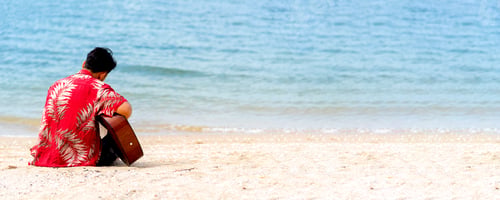 Preview: Banner Young men playing acoustic guitar on the beach. Happy man person playing acoustic guitar musi