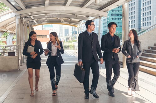 Preview: Crowd worker group of people busy life with businesswoman, man in urban street city lifestyle. Busin