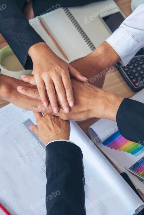 Preview: Vertical Horizon Partners hands together teamwork group of business people meeting in firm company o
