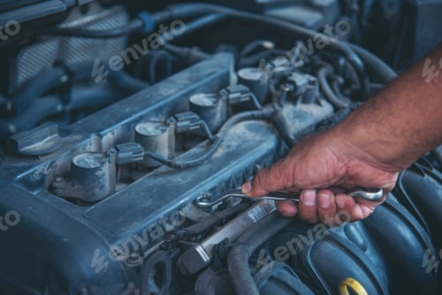 Preview: Close up Mechanic man hands repairing car auto repair shop uses jack change tyre. Man hands fixing S