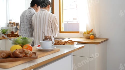 Preview: Asian people happy time smile, laugh in kitchen. Best friend LGBTQ lifestyle. Happy Asian gay couple