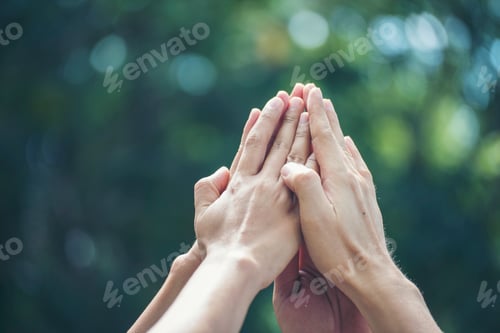 Preview: Diversity multiethnic high five group of business people success team hands together. Collaborate Vo