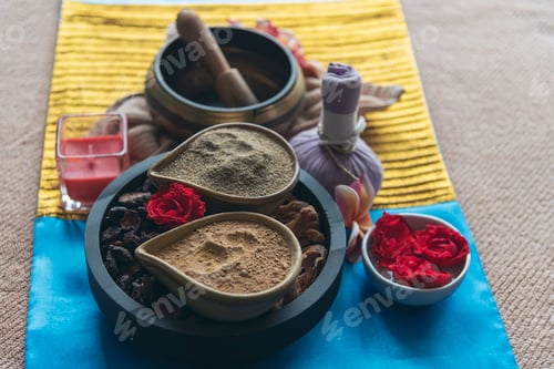Preview: Thai massage ingredient spa herbal aromatherapy in luxury salon resort. Fresh aroma herb scrub set s