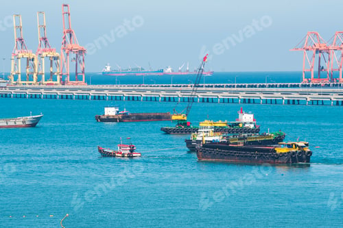 Preview: Engineering shipping crane depot at logistic export terminal control. Warehouse freight background c