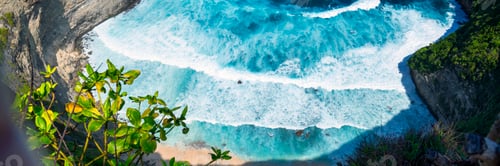 Preview: Banner Turquoise ocean sea water white wave pattern splashing deep blue sea. Banner Tropical sea bea