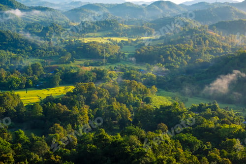 Preview: Beautiful Mountain landscape foggy windy mountain range green landscape asian farm. Amazing Landscap