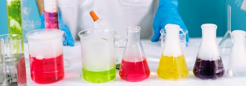 Preview: Banner Science chemistry glass tubes object on lab background. Wide Liquid tube biology laboratory c