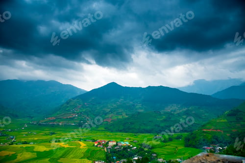 Preview: Rice terrace Field Green agriculture rainny season dark cloud amazing landscape. Sustainable Ecosyst
