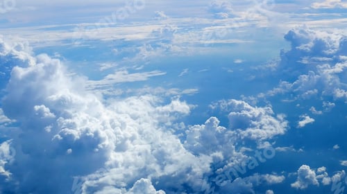 Preview: Blue sky fluffy white clouds on summer season bright clear skyline with beautiful cloudscape. Panora