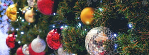 Preview: Banner Blurred Background Christmas tree decorated holiday winter xmas celebration. Present gift dec