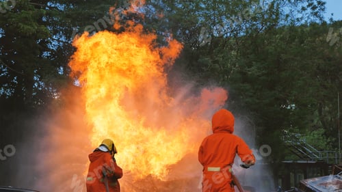 Preview: Firefighter fighting with flame using fire hose chemical water foam spray engine. Fireman wear hard