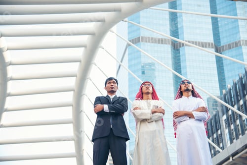 Preview: Arab muslim man team talking together UAE union teamwork people. United Arab Emirates diversity grou