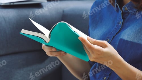 Preview: Relax asian woman reading book sitting on sofa in living room holding book to read. Young woman rela