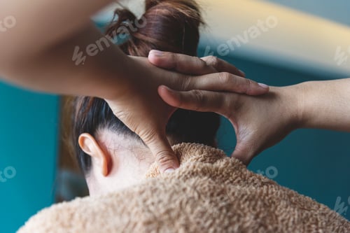Preview: Massage Thai Spa neck shoulder arm hands massaging. Close up woman neck office syndrome therapy rela