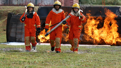 Preview: Firefighter fighting with flame using fire hose chemical water foam spray engine. Fireman wear hard
