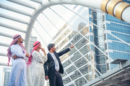 Preview: Arab muslim man team talking together UAE union teamwork people. United Arab Emirates diversity grou