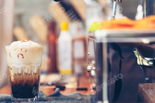 Preview: Latte art coffee cup with milk on wooden table. Espresso shot make latte art hot coffee cup. Cappucc