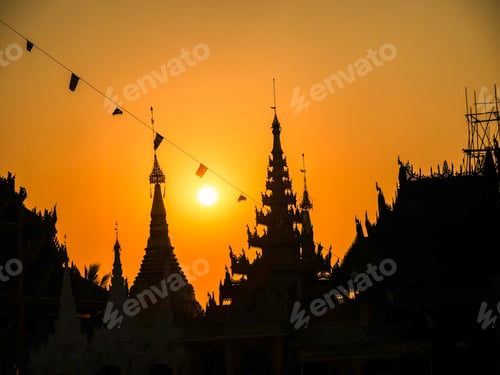 Preview: Golden Pagoda sunset sky buddhist sacred worship. famous holy travel destinations in Myanmar Culture