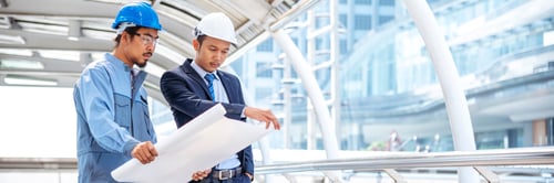 Preview: Banner Two engineer man look at blueprint architecture building contractor designer. Engineer holdin