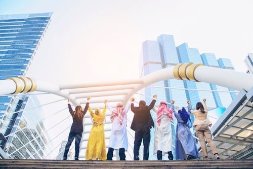Preview: Banner Happy Diversity Teams multiethnic Partners standing with hands together in modern city. Panor
