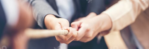 Preview: Banner Tug of war Businesswoman Team holding hands together partnership leader teamwork. Banner Grou