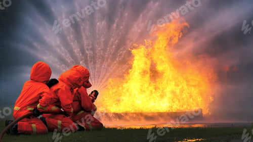 Preview: Firefighter Rescue team training in fire fighting extinguisher. Firefighter teamwork fighting with f