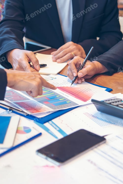 Preview: Vertical Horizon Close up hands group of Business People meeting in conference room pointing financi