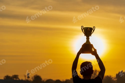 Preview: Winner win hands holding golden champion trophy cup prize. Silhouette best award victory hands troph