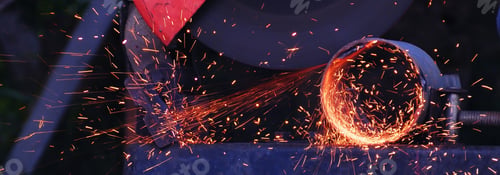 Preview: Banner Men hands wear protective glove Hot flame metal work cut fire iron workshop. Locksmith cut me