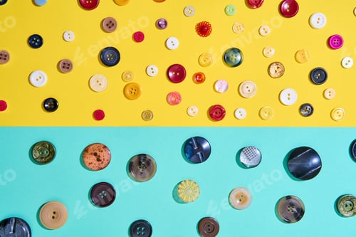 Preview: Assorted sewing buttons on yellow and blue background