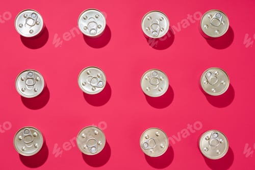 Preview: Pattern of metal tin cans on pink background