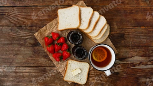 Preview: White cup of black tea with lemon. Sandwiches with strawberry and jam jar