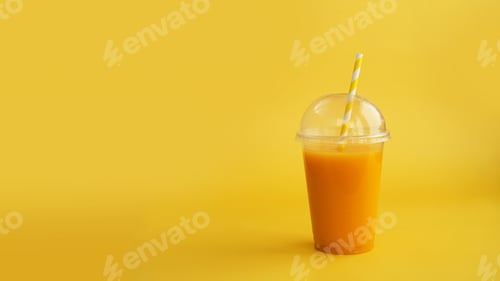 Preview: A plastic cup of orange drink. Natural juice or smoothies. Healthy food.